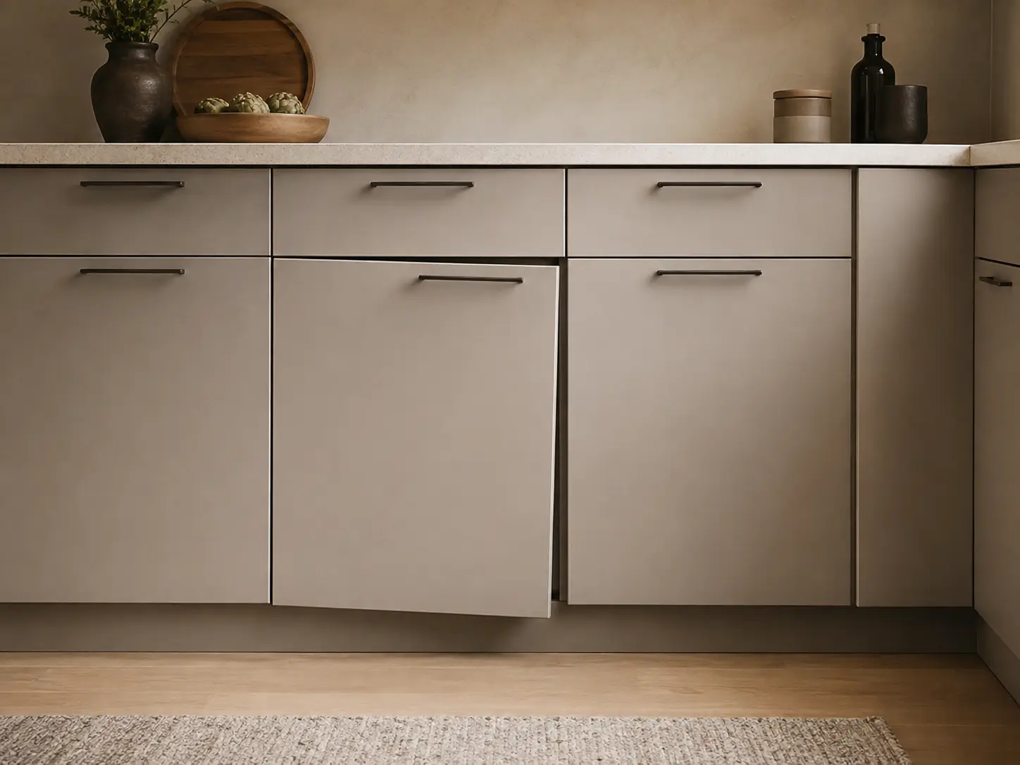 Modern cabinet run with one door making light contact with the adjacent cabinet front.