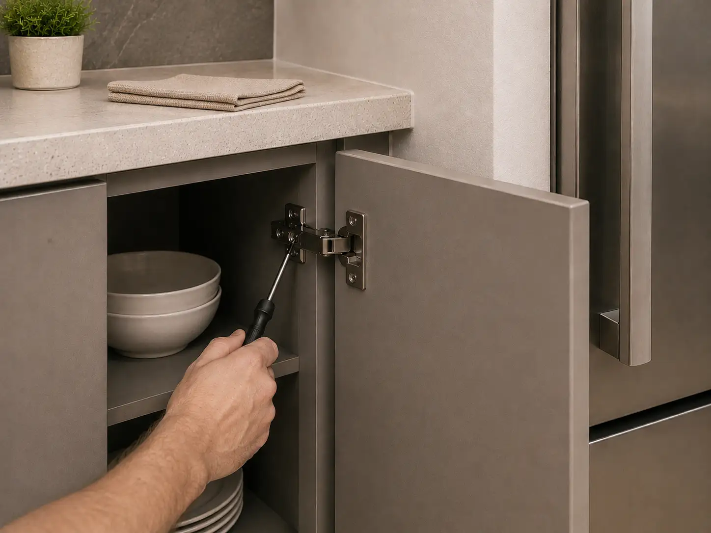 A concealed cabinet hinge being carefully adjusted beside a slightly open slab door.